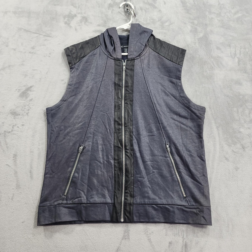 INC International Concepts Vest Mens L Gray Hooded Zip Faux Leather Trim Casual